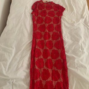 Gorgeous Red Fitted Bodycon Floral Midi Dress